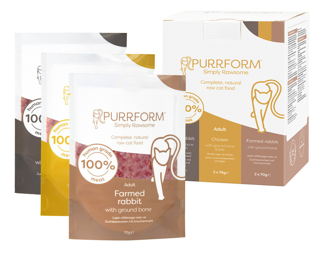 Purrform Raw Adult Cat Food Pouches | Mixed Box Farmed Rabbit/Chicken/Farmed Rabbit