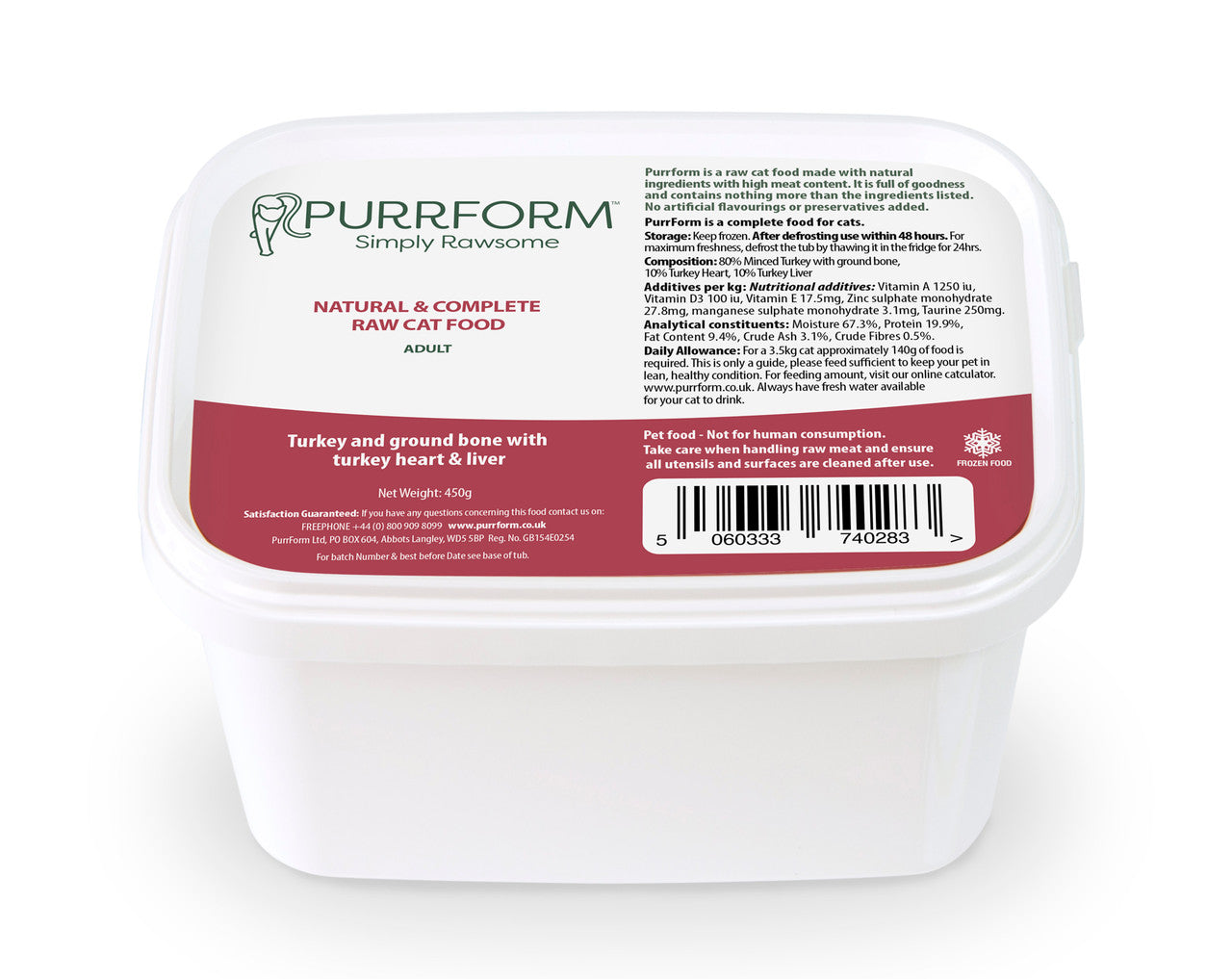 Purrform Raw Cat Food Tub | Turkey & Ground Bone with Turkey Heart & Liver 450g